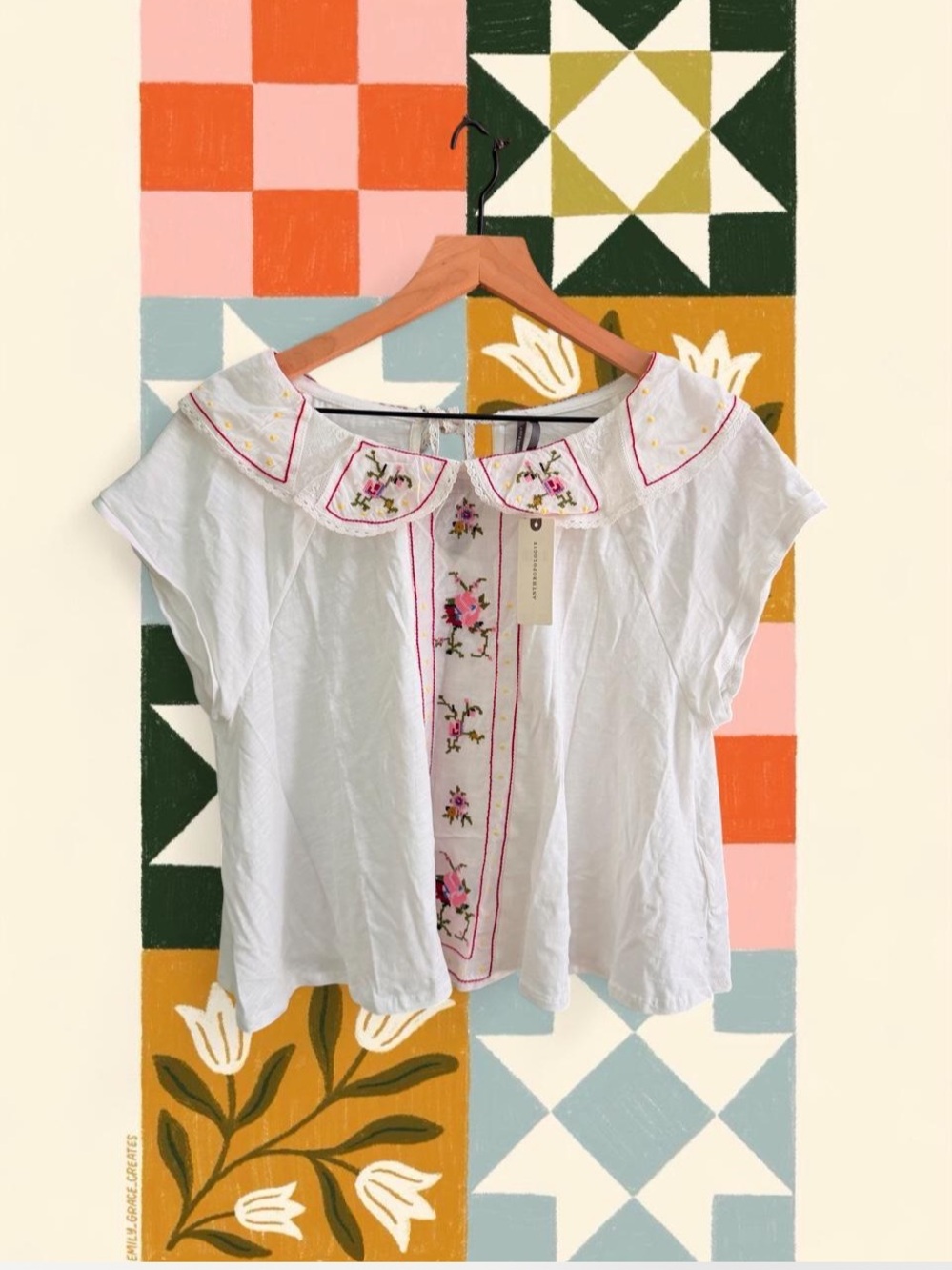 Anthropologie White Cotton Embroidered Peasant Top with Pink Accents
